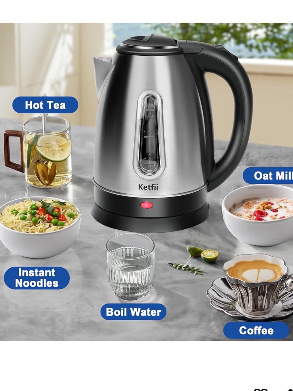 *2538* “7x10” Ketfii Stainless Steel Electric Kettle - Silver & Black - Picture 12 of 16
